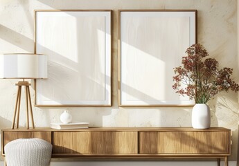 2 pieces mockup of two blank wooden frames hanging on the wall, sideboard with vase and basket in a light beige colored background with natural lighting. Scandinavian interior with a minimalistic