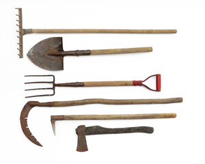 old garden tools, shovel, pitchfork isolated on white background