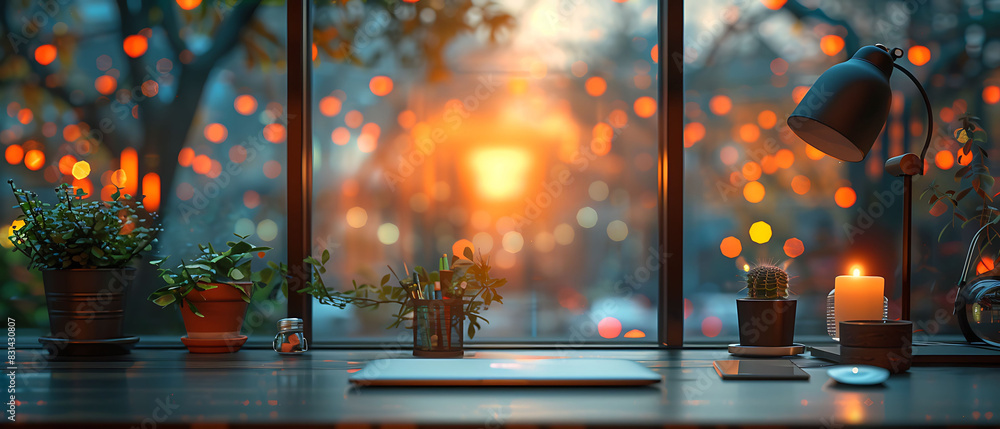 Poster panoramic view of a blurred desk in an office environment creating a dreamy abstract atmosphere pano