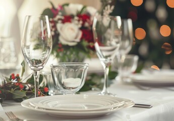 An elegant, luxurious fine dining table set with silverware, wine glasses, and flowers for special occasions like a date, family toast, wedding, anniversary, Thanksgiving, or Christmas dinner.