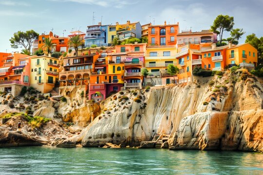 A picturesque coastal town featuring vibrant, colorful houses built on a rocky cliffside, overlooking the serene Mediterranean waters.