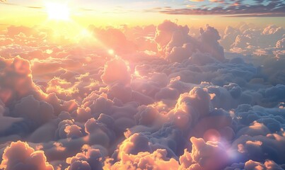 Beautiful morning sun surrounded by fluffy clouds background wallpaper. Scenic epic sunrise cloudscape panoramic view. Soft light and lens flare effect.	
