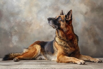 Full body studio portrait of a beautiful German shepherd dog. The dog is lying down and looking up over a background of pastel shades, looking majestic.