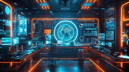 Futuristic command center with advanced technology, glowing screens, and high-tech gadgets, representing a control room of the future.