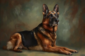 Full body studio portrait of a beautiful German shepherd dog. The dog is lying down and looking up over a background of pastel shades, looking majestic.