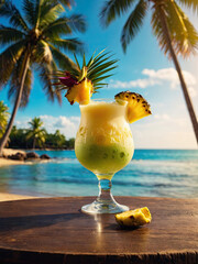 Obraz premium Fruit cocktail Pina colada, shake on a tropical beach against the background the hotel's beach with palm trees, sea, ocean. 