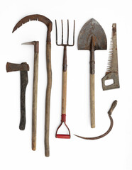 old garden tools, shovel, pitchfork isolated on white background