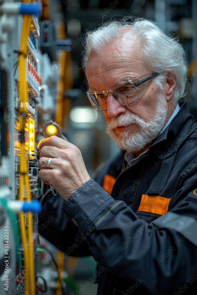 Poster an electrician is focused on troubleshooting a circuit board in a factory