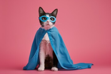 Cute Mask. Superhero Cat in Blue Cloak and Mask on Pink Background