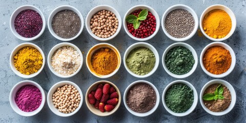 Healthy Supplements. Top View of Superfood Smoothie Boosters and Dietary Powder Bowls