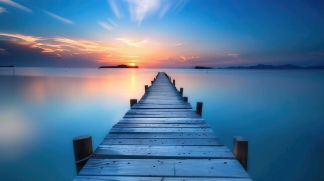 Holiday Quote. Sunset Inspiration at lake pier: Dream big, work hard, stay focused