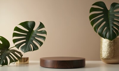 Premium Scene with Dark Wooden Podium and Lush Monstera Leaf Framing
