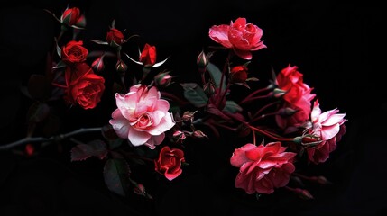 Pink Flowers Black Background. Red and Pink Rosebuds Highlighted on Isolated Black Background