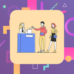 Young people paying for purchases at checkout desk. Customers, cash register, cashier flat vector illustration. Store, shopping, payment concept for banner, website design or landing web page