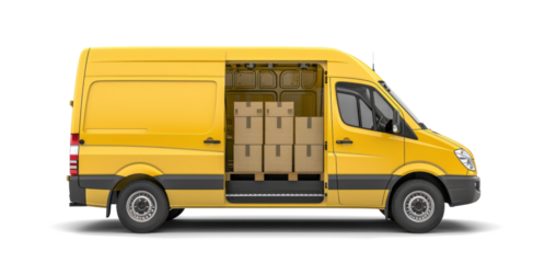 Box-filled yellow delivery van isolated on transparent background.