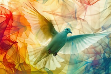 Fototapeta premium Digital illustration of a white dove in midflight against a vibrant, multicolored abstract backdrop