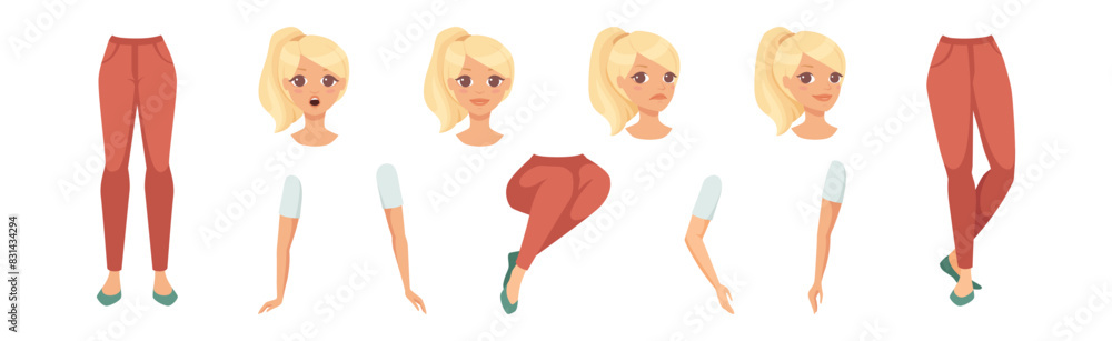 Poster woman arm, legs and head as character constructor with separated body part vector set