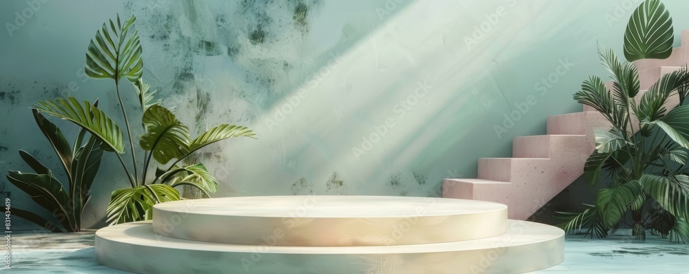 Poster elegant podium display with natural light and greenery in minimalist setting