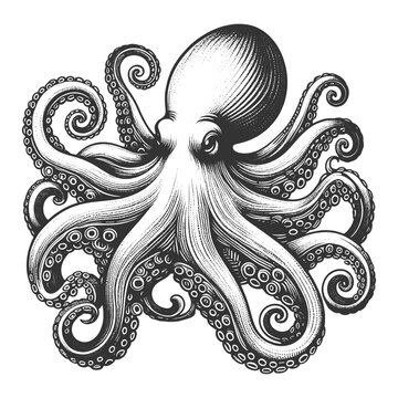 recommend clip art: octopus sea animal food with swirling tentacles and suction cups, in a classic engraving style sketch engraving generative ai vector illustration. Scratch board imitation. Black and white image.