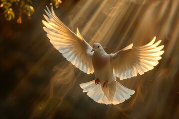 Beautiful white dove soars with outstretched wings in the warm glow of the setting sun - Powered by Adobe