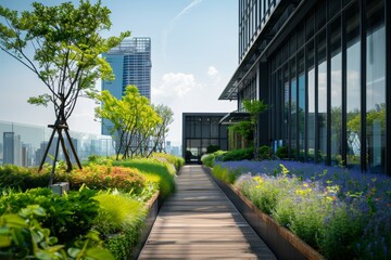 Fototapeta premium Corporate Office with Green Rooftop, Sustainable Design for Eco-Friendly Workspaces