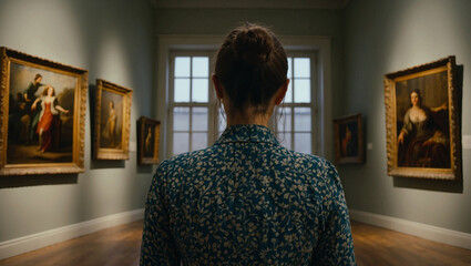 Back portrait of an adult woman looking at museum paintings in an old museum art gallery
 - Powered by Adobe