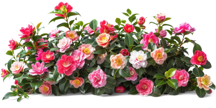 Colourful flowers bush with Camellia blooms on transparent background