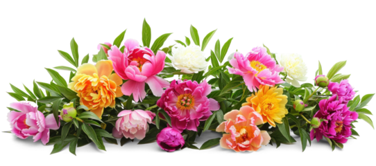 Colourful flowers bush with peonies on transparent background