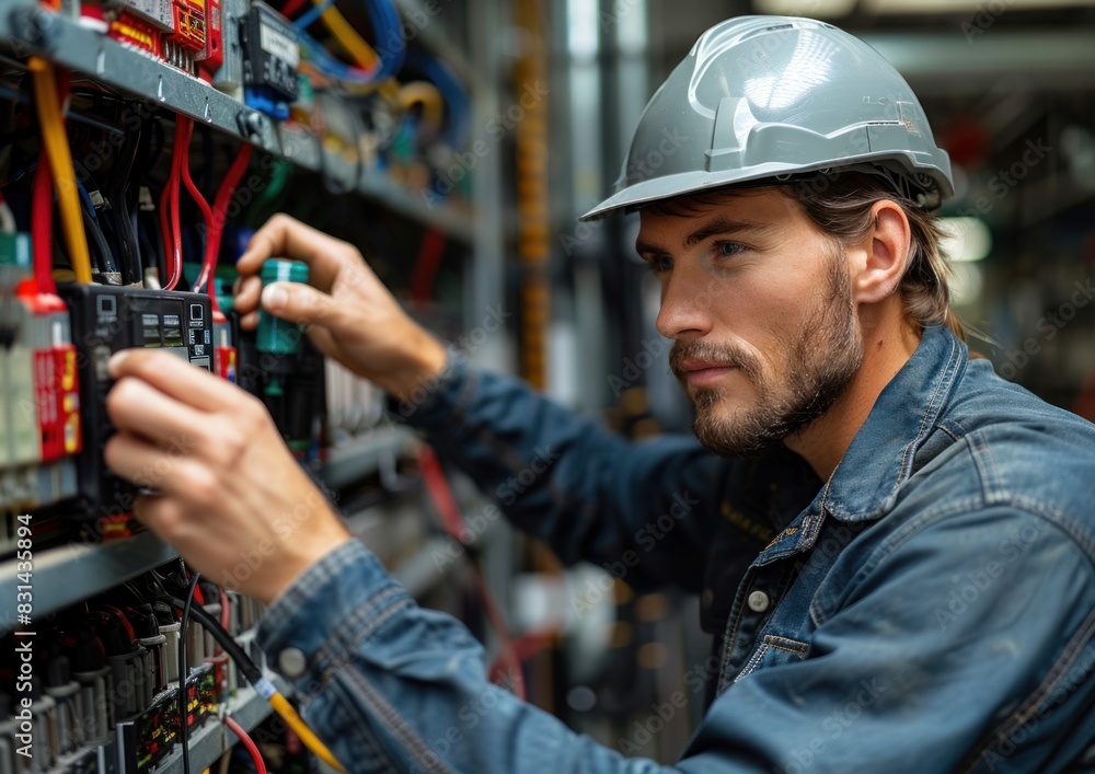 Poster A man in a hard hat working on a switch box with a multimeter