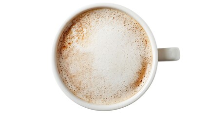 Obraz premium Coffee Mug Top Isolated on White Background. Hot Drink in White Espresso Cup with Milk. Cappuccino and Beverage Concept