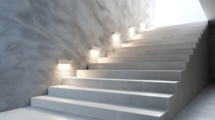 A minimalist staircase with a clean, linear design and a series of recessed, wall-mounted lights