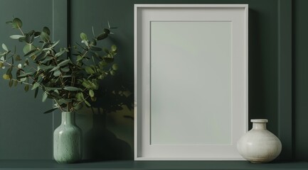 White vertical frame mockup on green wall with shelf and plant in the style of modern home decor, with a green plant in a vase and natural light