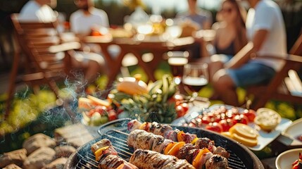 Group of friends having party outdoors. Focus on barbecue grill with food 