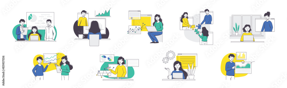Poster online conference with business people making presentation and showing graph outline vector set