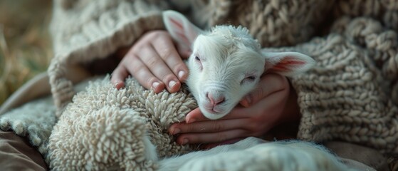 A pair of hands tenderly tend to a newborn lamb, the bond between human and animal immortalized in perfect detail