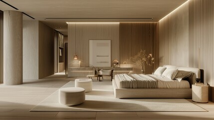 Bedroom with light gray walls, white sofa and headboard in naturalistic rendering style, beige fabric bench in the room, large floor lamp on each side and lamp above the bedside table.