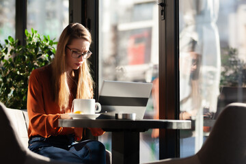 Young businesswoman in a cafe bar or restaurant with bright sunlight. Freelancer girl working on...