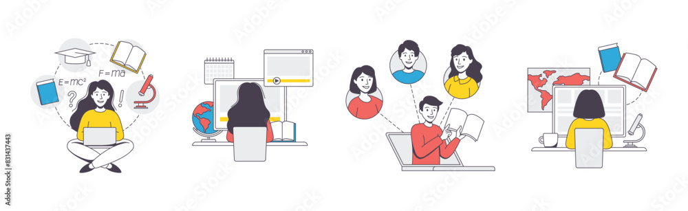 Poster online learning with man and woman student and instructor engaged in virtual classes outline vector 