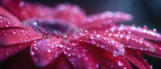 Delicate dewdrops glisten like jewels on the petals of a vibrant flower