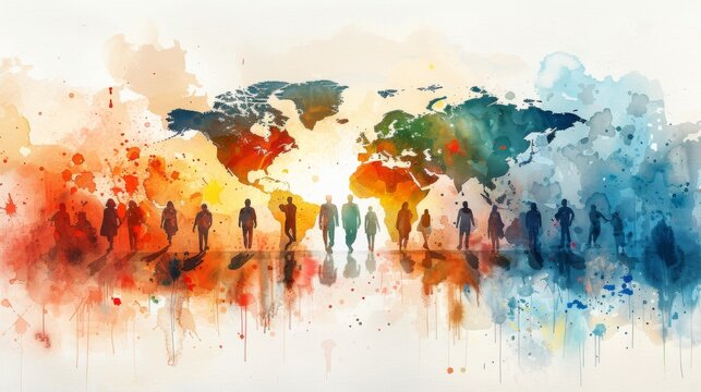 watercolor illustration. World Population Day. A group of men and women stand next to each other against the backdrop of a world map. Horizontal banner. Free space for text.