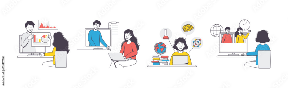 Poster online learning with man and woman student and instructor engaged in virtual classes outline vector 