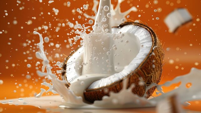Coconut with milk pouring on it, illustration style, high resolution, orange background, close-up of an open coconut with cream flowing out, surrounded by white splashes.