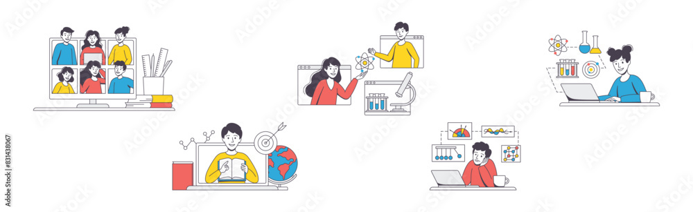 Poster online learning with man and woman student and instructor engaged in virtual classes outline vector 