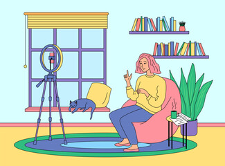 Cartoon Color Character Girl and Home Video Blogger Concept Flat Design Style. Vector illustration of Video Streaming Podcast