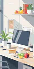 Folder Graphic. Office Workplace with Food on Desk: Designer's Creative Workspace