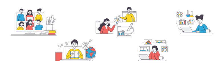 Online Learning with Man and Woman Student and Instructor Engaged in Virtual Classes Outline Vector Set