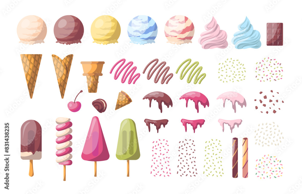 Poster cartoon color ice cream constructor different element set flat design style. vector illustration of 