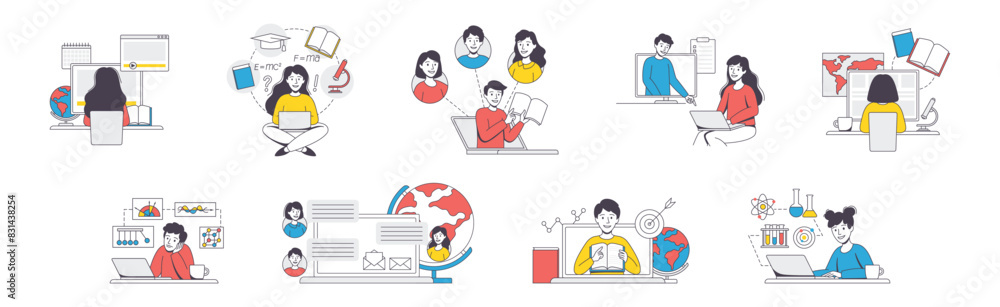 Poster online learning with man and woman student and instructor engaged in virtual classes outline vector 