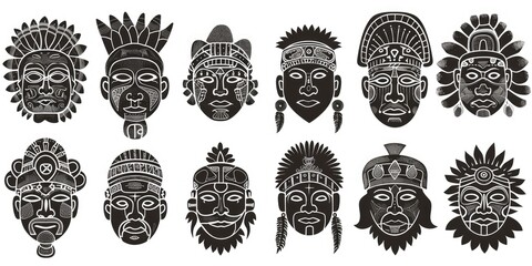 Mask Graphic. Set of Hand Drawn Maya Faces Symbols with Tribal Ethnic Ornament Design