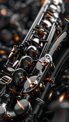 Fototapeta premium Close Up Black with Gold Saxophone Abstract Background. Musical instrument vertical backdrop. Suitable for banner, poster, social posts.